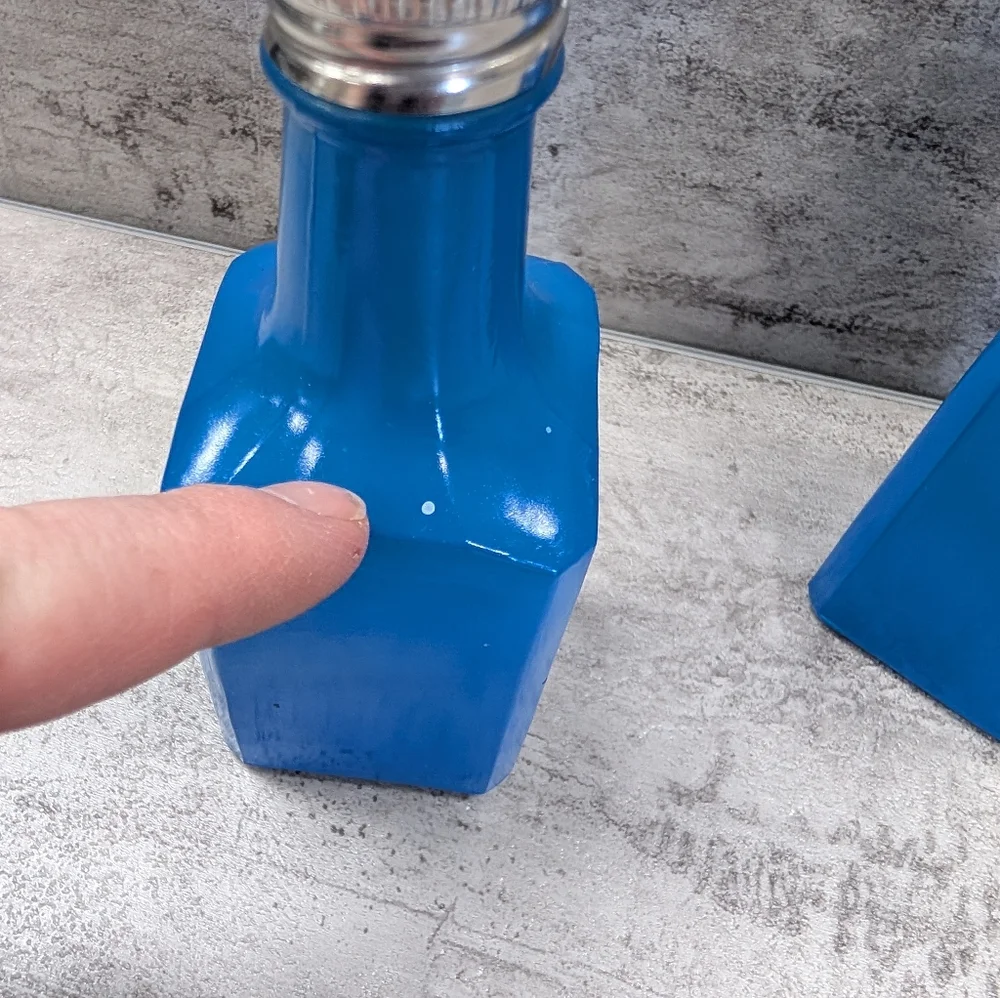 Vintage Gemco Pantry Pops Blue Glass Fired On Oil and Vinegar Cruet Bottles Stai